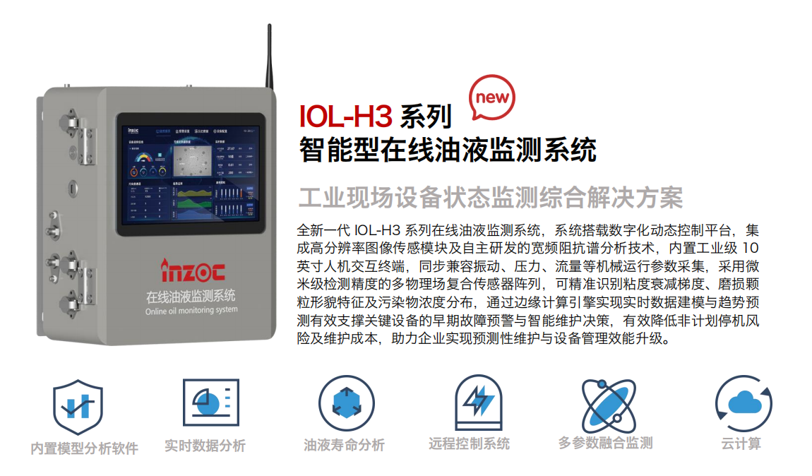 IOL-H3系列智能型在線油液監(jiān)測系統(tǒng)-工業(yè)現(xiàn)場設(shè)備狀態(tài)監(jiān)測綜合解決方案圖1 全新一代 IOL-H3 系列在線油液監(jiān)測系統(tǒng)，系統(tǒng)搭載數(shù)字化動態(tài)控制平臺，集成高分辨率圖像傳感模塊及自主研發(fā)的寬頻阻抗譜分析技術(shù)，內(nèi)置工業(yè)級 10英寸人機交互終端，同步兼容振動、壓力、流量等機械運行參數(shù)采集，采用微米級檢測精度的多物理場復(fù)合傳感器陣列，可精準識別粘度衰減梯度、磨損顆粒形貌特征及污染物濃度分布，通過邊緣計算引擎實現(xiàn)實時數(shù)據(jù)建模與趨勢預(yù)測有效支撐關(guān)鍵設(shè)備的早期故障預(yù)警與智能維護決策，有效降低非計劃停機風險及維護成本，助力企業(yè)實現(xiàn)預(yù)測性維護與設(shè)備管理效能升級。